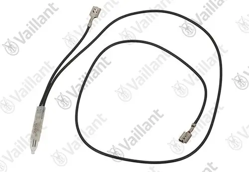 Vaillant Glimmlampe mit zwei Anschlusskabeln, einem Ende mit metallischem Stecker und einem anderen Ende mit einer transparenten Halterung.
